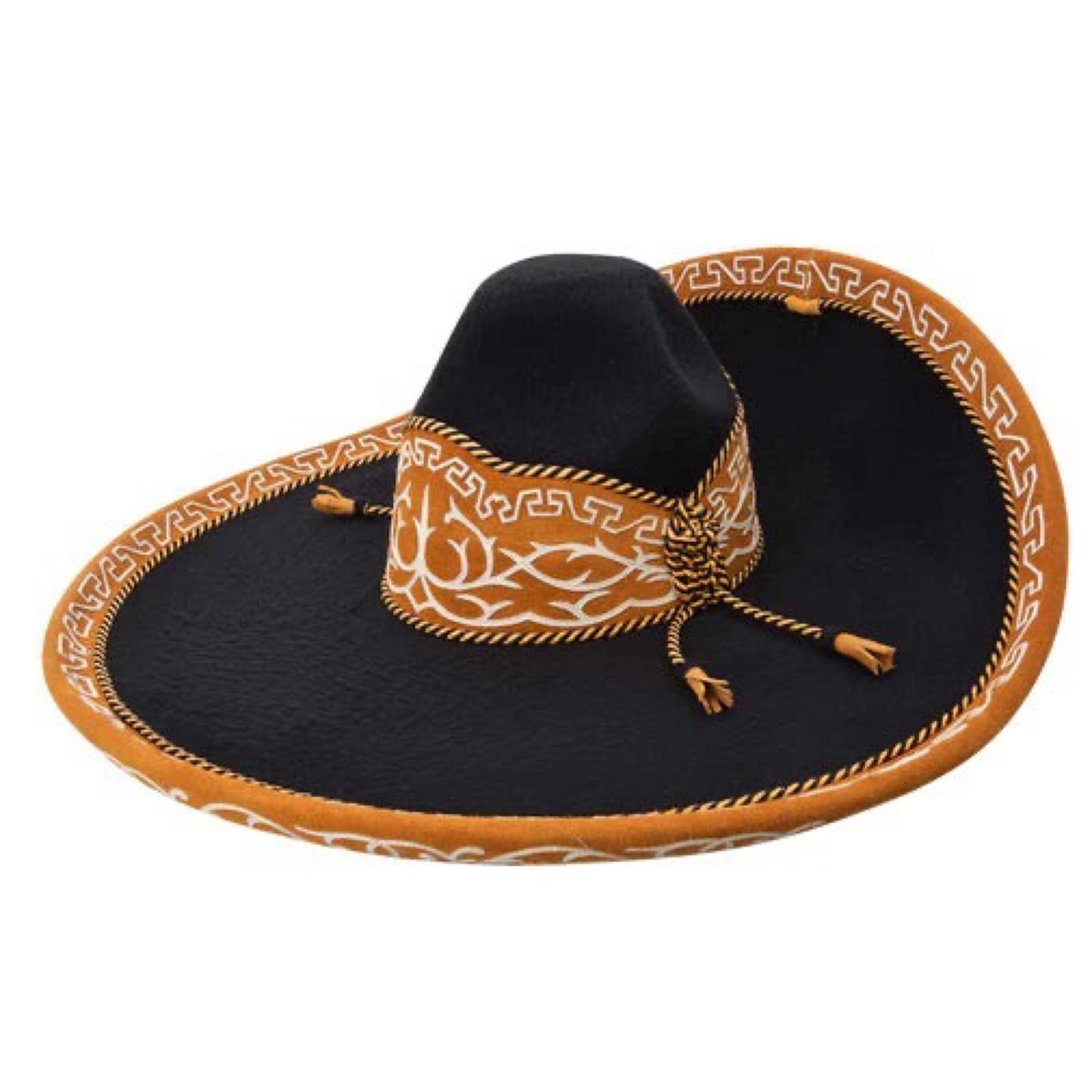 A traditional Mexican Sombrero Charro with a black crown and a wide brim featuring white and beige geometric patterns and a decorative band.