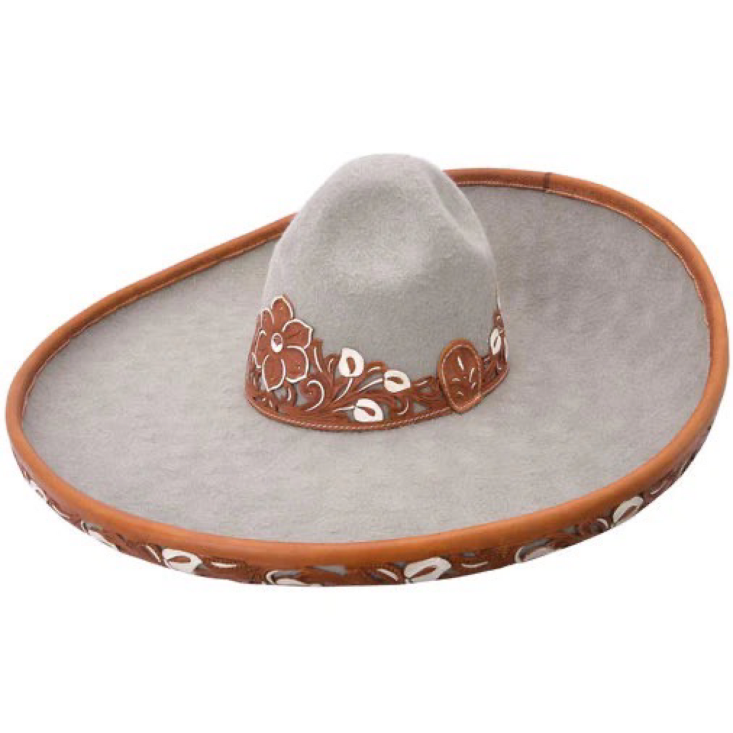 A traditional Mexican sombrero with a white brim and brown crown, featuring embroidered details around the edge.
