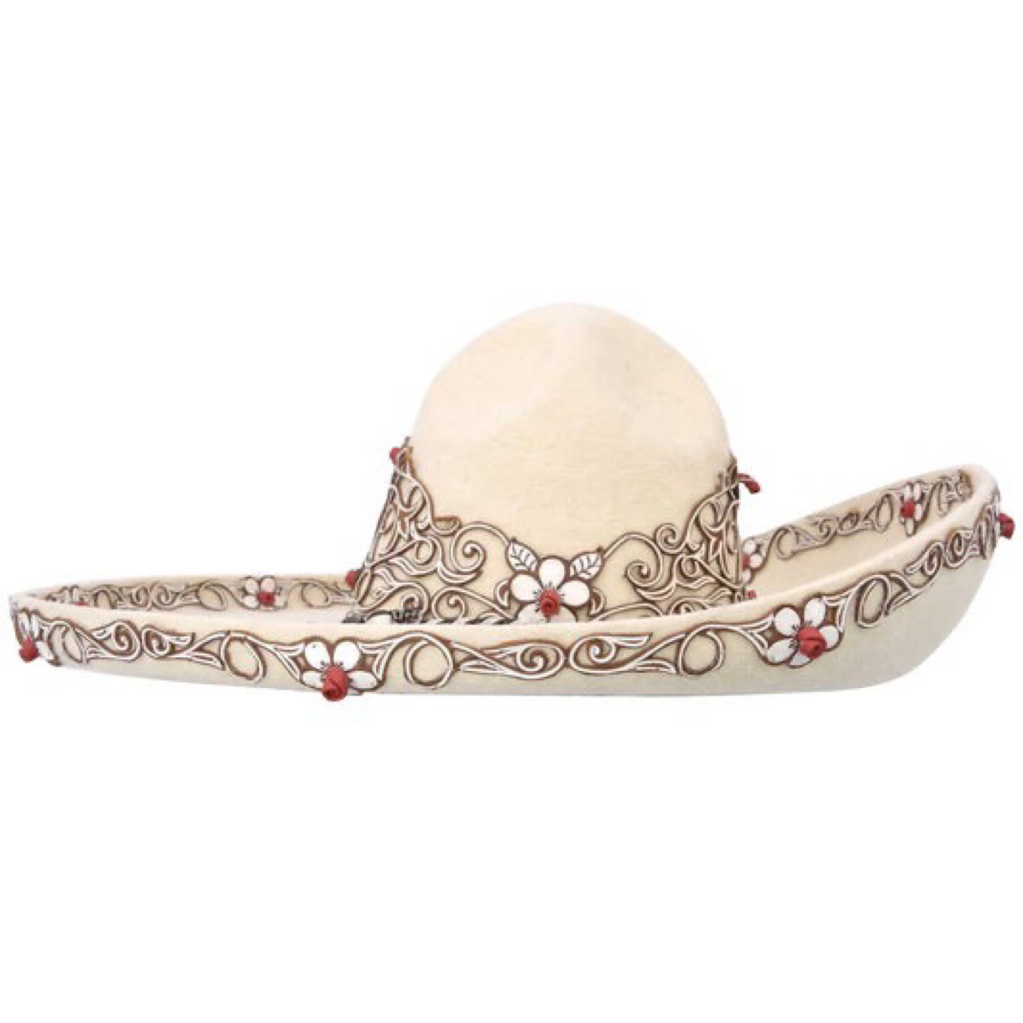 A beige sombrero with brown and black floral patterns and red embellishments around the brim.