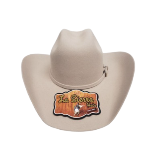 A beige cowboy hat with a 'La Sierra' brand logo and a pinched crown.