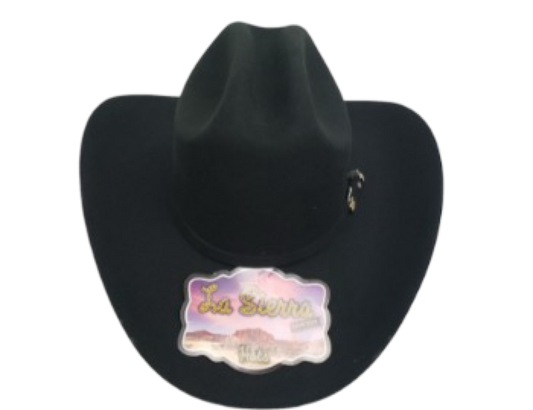 A black cowboy hat with a pinata design in the center featuring a label with 'La Sierra Hats' branding.