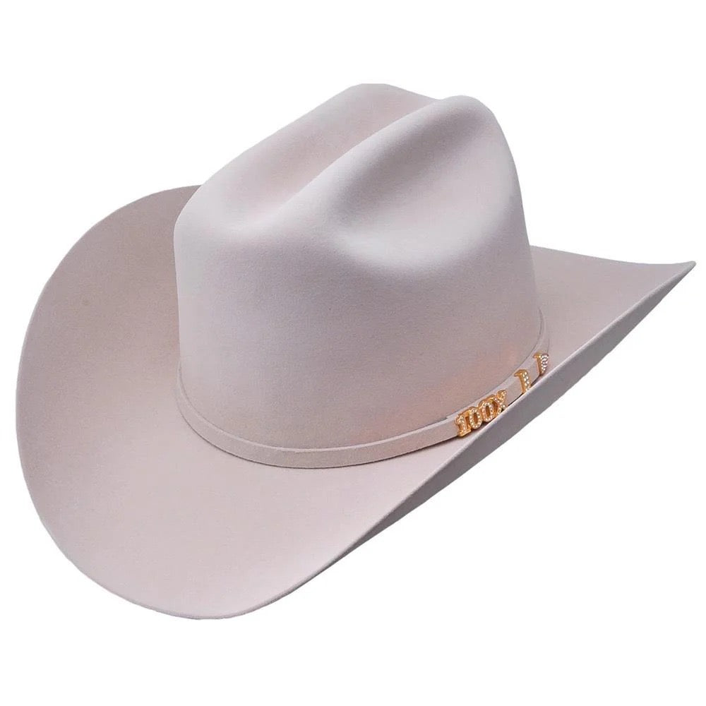 White cowboy hat with a brand logo on a white background