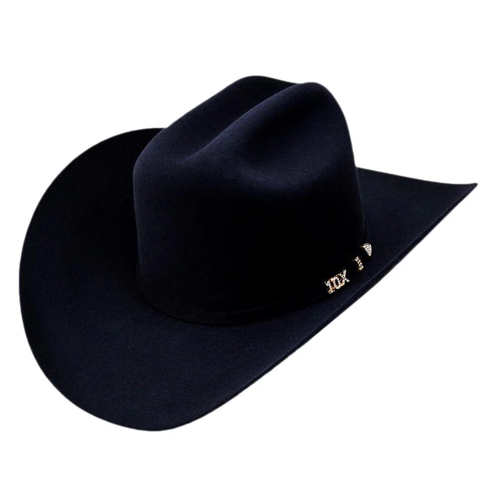 Black cowboy hat with a brand logo on a white background