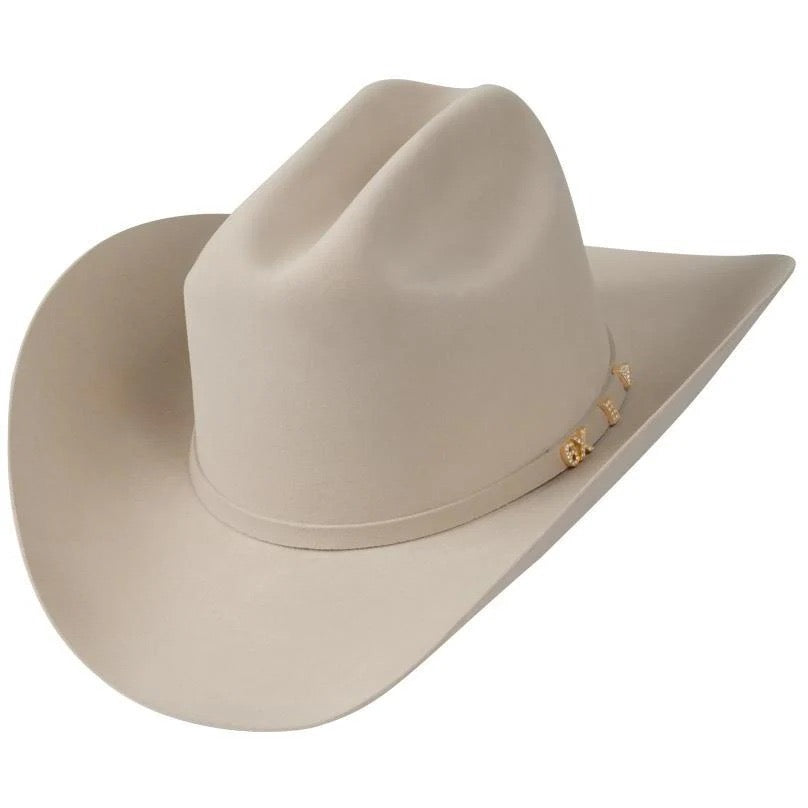 Beige cowboy hat with a band on a white background