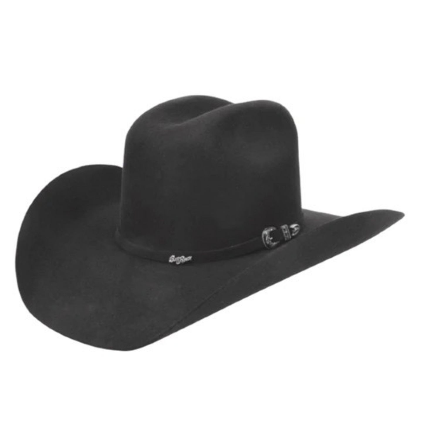 A black cowboy hat with a ribbon band, presumably made of felt.