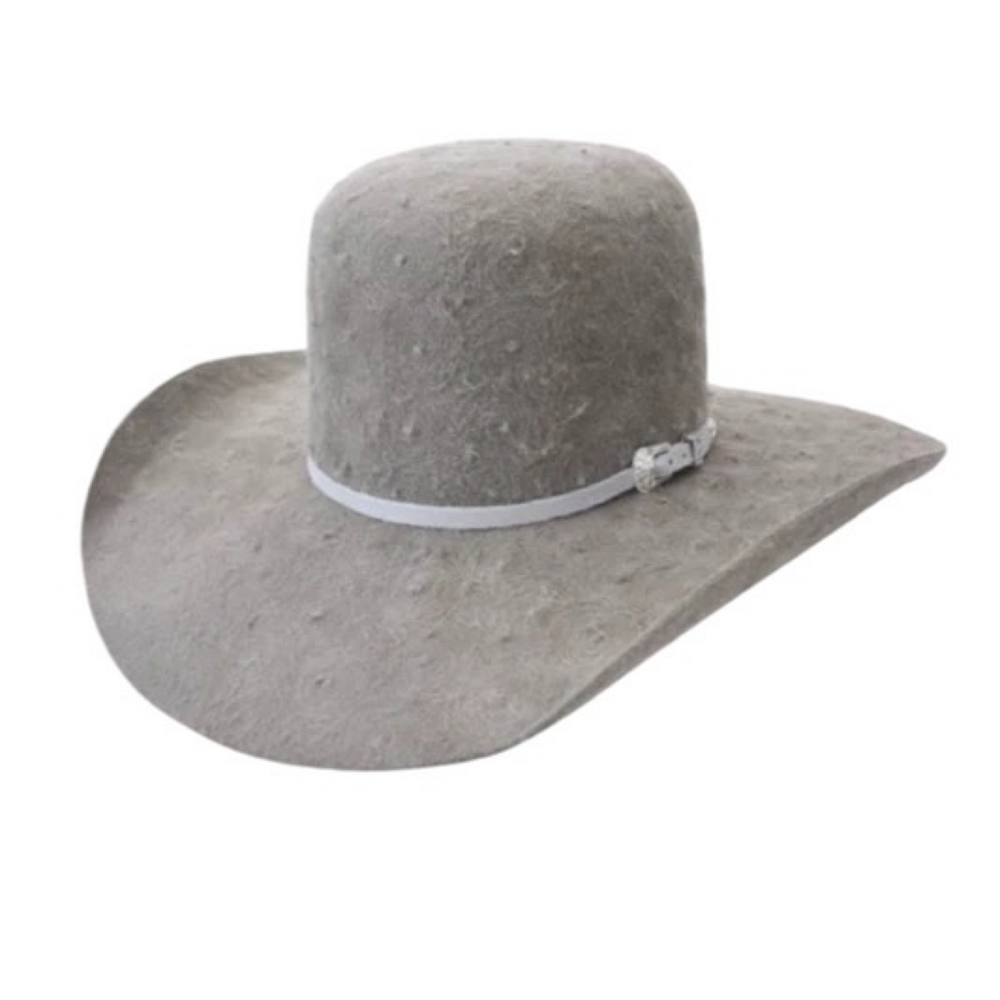 A gray cowboy hat with a white band featuring a diamond pattern.