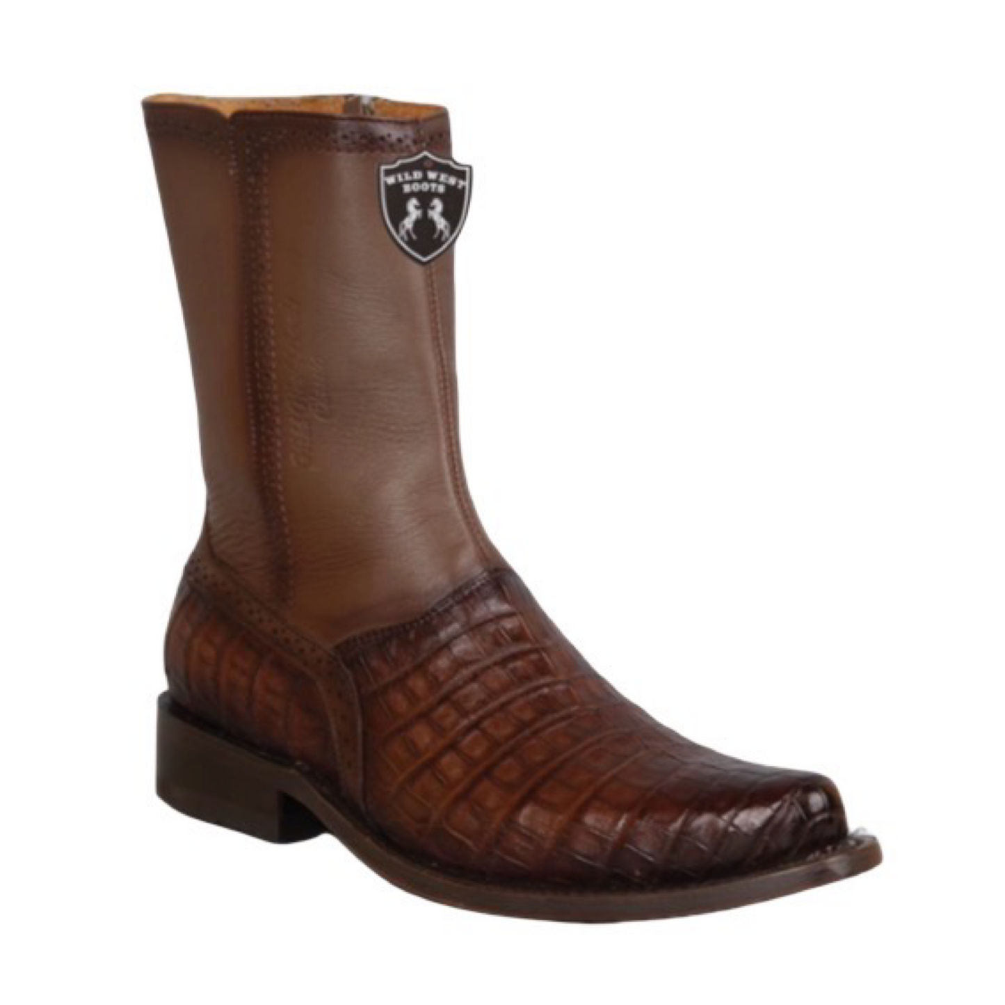 Brown leather boot with a unique sole design on a white background