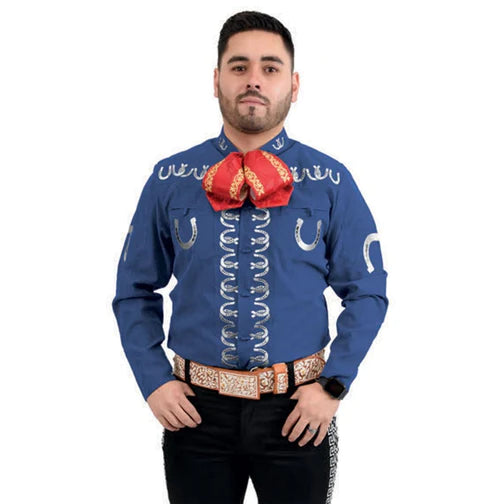 A man wearing a blue Charro shirt with traditional embroidery, red bow tie, and a belt with a buckle.