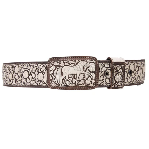 A brown leather belt with a patterned design, featuring a horse motif and floral elements, with a metal buckle.