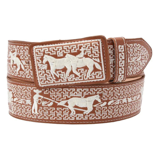 A brown leather belt with metallic thread embroidery in a vaquero style pattern.