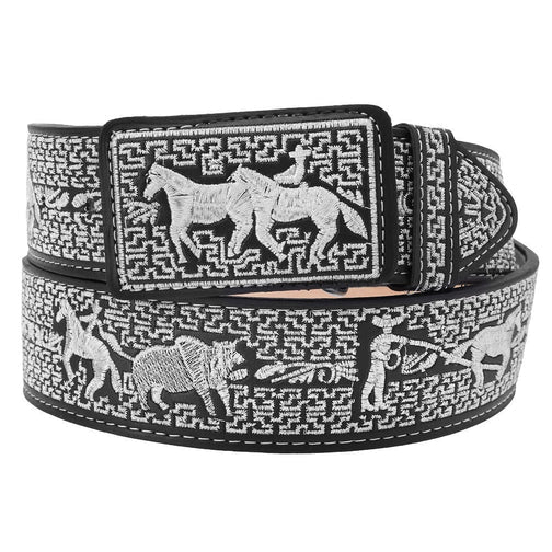A detailed image of a men's belt with a black and white animal pattern, featuring a prominent central belt buckle with intricate metal thread work.