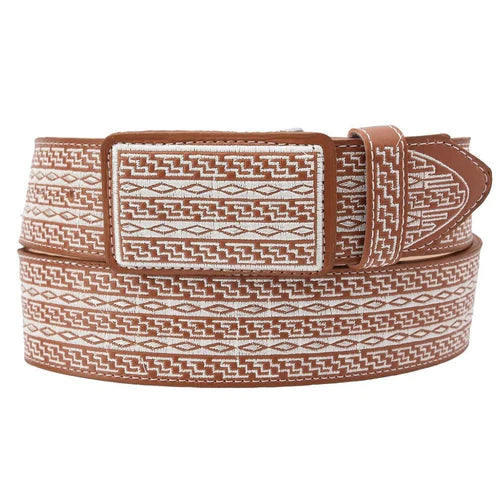 A brown leather belt with a geometric pattern embossed on it, featuring a metal buckle.