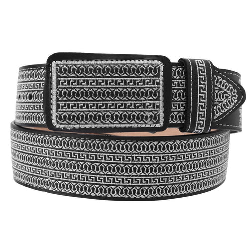A black leather belt with a geometric pattern embossed on it, featuring a metal buckle.