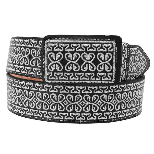 A black and white image of a vaquero style belt with metallic thread embroidery and a leather strap.