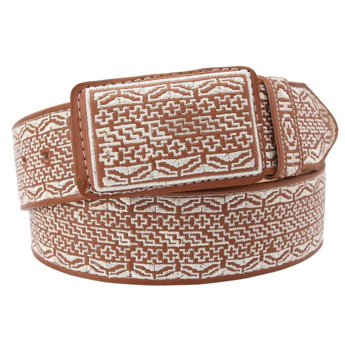 Cinto vaquero ancho de 2 pulgadas color miel con bordado blanco de flores. Cinturón charro artesanal estilo western.