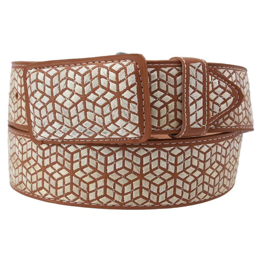 A brown leather belt with a geometric pattern and metallic threading, designed for men.