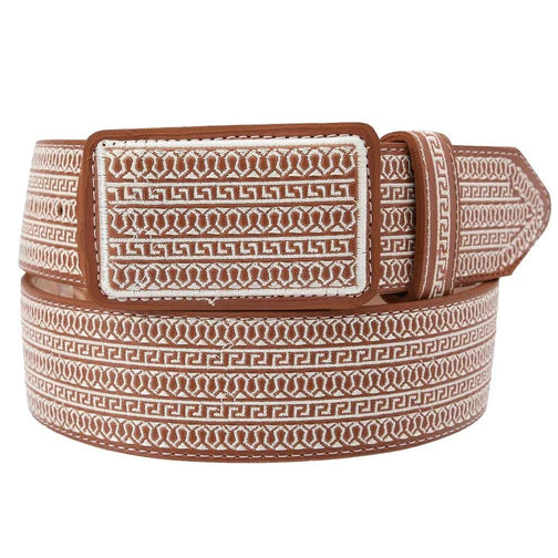 A brown leather belt with a decorative, geometric pattern embossed on it, featuring a metal buckle.