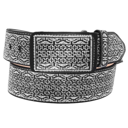 A black and white embossed leather belt with a metallic thread design, featuring a buckle and a label branding.