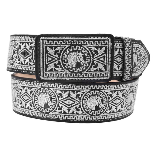 A black leather belt with a detailed white embroidered pattern, featuring a metal buckle.