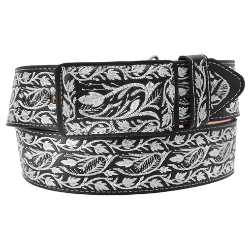 Cinto vaquero bordado ancho 2” negro con diseño de ramas en blanco. Cinturón charro artesanal mexicano.