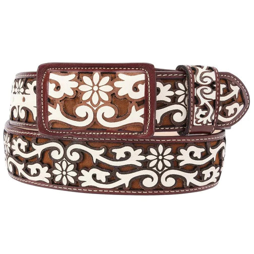 A brown and white leather belt with a floral pattern and a decorative buckle.