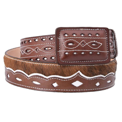 A brown leather belt with a decorative white stitching pattern and a buckle, designed in a traditional 'Vaquero' style.