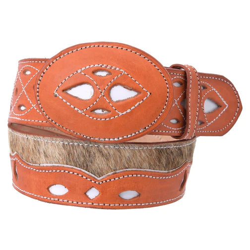 A brown leather belt with detailed stitching and a plastic buckle, featuring a cowhide leather texture.