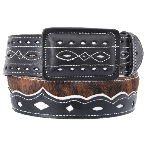 A black leather belt with a decorative, geometric pattern near the buckle, showcasing a brown woven belt loop.