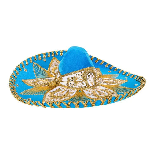 A traditional Mexican Charro sombrero with a blue brim and beige and gold embroidery around the crown.
