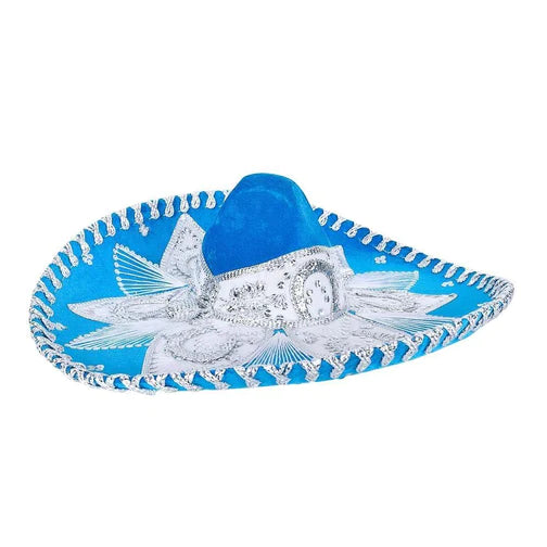 A traditional blue Mexican sombrero with white embroidery and a decorative band.