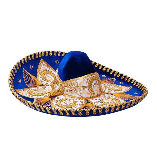 A traditional Mexican Charro sombrero with a blue palm leaf base adorned with white and gold embroidery and a decorative band.