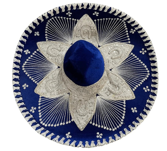 A traditional blue and white sombrero with metallic gold thread embroidery.