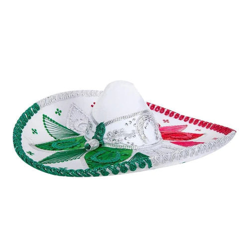 A traditional Mexican Charro sombrero with a white brim, green and red embroidery, and a decorative band.
