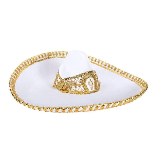 A traditional white sombrero charro with gold detailing around the edge and a decorative emblem in the center.