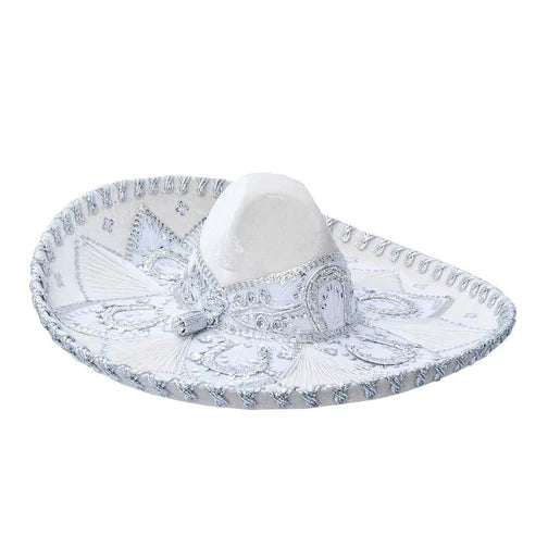 A traditional Mexican Charro sombrero with white and blue floral embroidery and a white band.