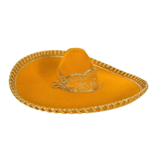 A traditional Mexican sombrero charro in beige color with decorative embroidery and a wide brim.