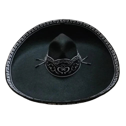 A traditional black sombrero with a decorative white diamond pattern and a black ribbon around the crown.