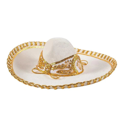 A traditional Mexican Charro sombrero with a white brim and beige crown, decorated with gold detailing and a rosette.