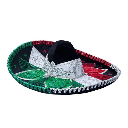 A traditional Mexican Charro sombrero with a black base and decorative embroidery in green, red, and white colors, featuring a floral pattern and a black chin strap.
