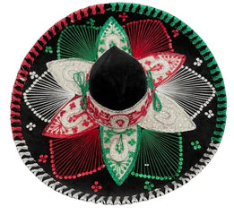 A traditional Mexican Charro sombrero with a black base adorned with red, green, and white embroidery and decorative details.