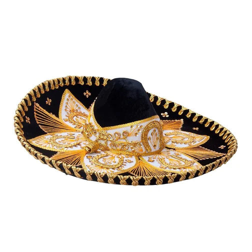 A traditional Mexican Charro sombrero with a black base and ornate gold and white embroidery around the brim.
