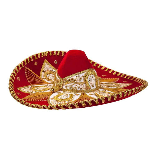 A red sombrero charro with gold and white embroidery and a gold band.