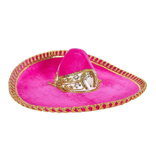 A traditional Mexican charro sombrero with a bright pink crown and decorative gold detailing around the edge.