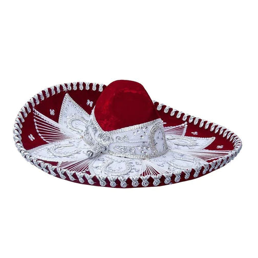 A traditional Mexican Charro sombrero with a red base and white embroidery around the edge, featuring a black band with white details.