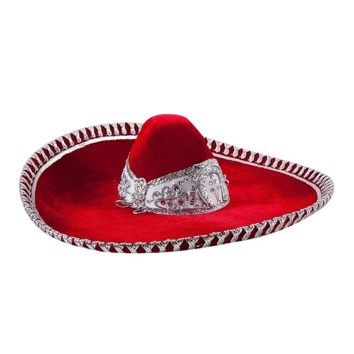 A traditional red Mexican sombrero with white embroidery and a decorative band.