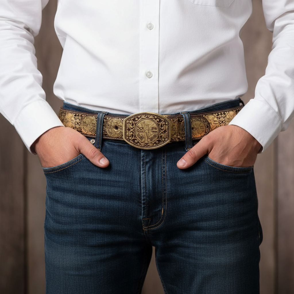 Cinto charro mexicano de cuero con bordados y hebilla grabada, inspirado en la tradición ecuestre mexicana.