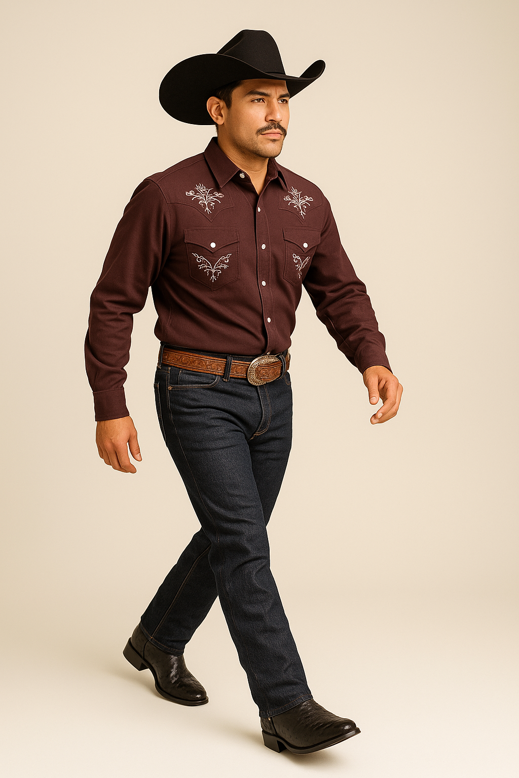 Hombre usando botas de avestruz auténticas en un entorno western.