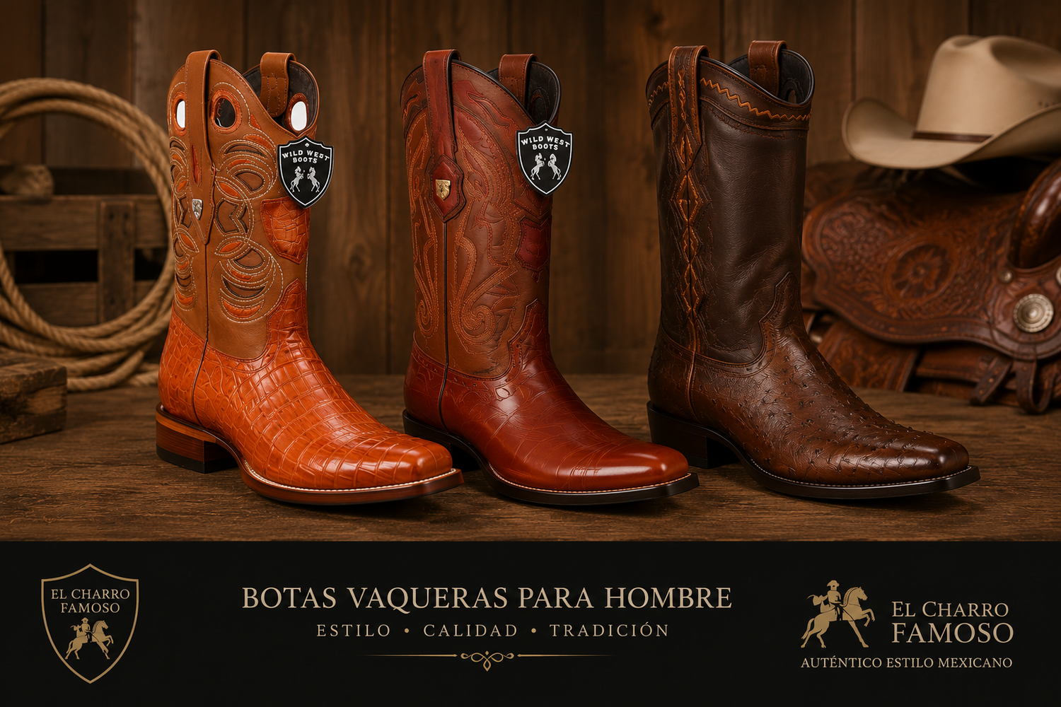 Botas vaqueras de piel para hombre y mujer con diseños artesanales sobre una silla de montar estilo western.