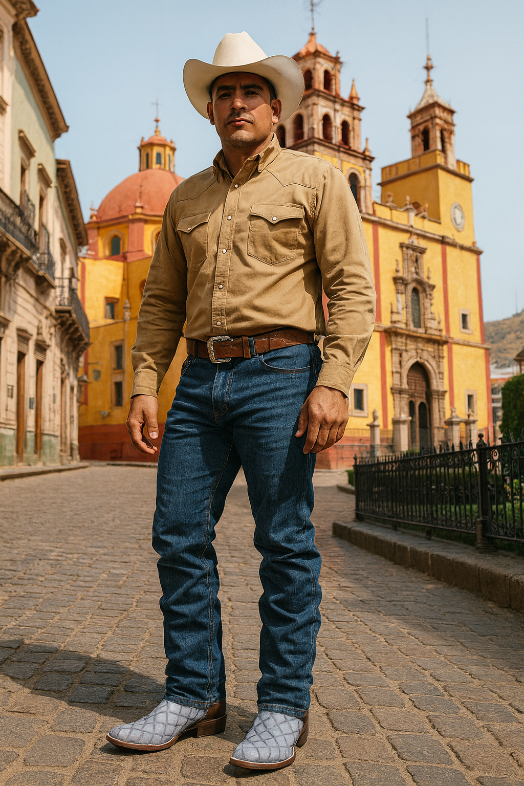 Hombre mexicano con atuendo vaquero luciendo botas de pirarucú originales en un fondo tradicional