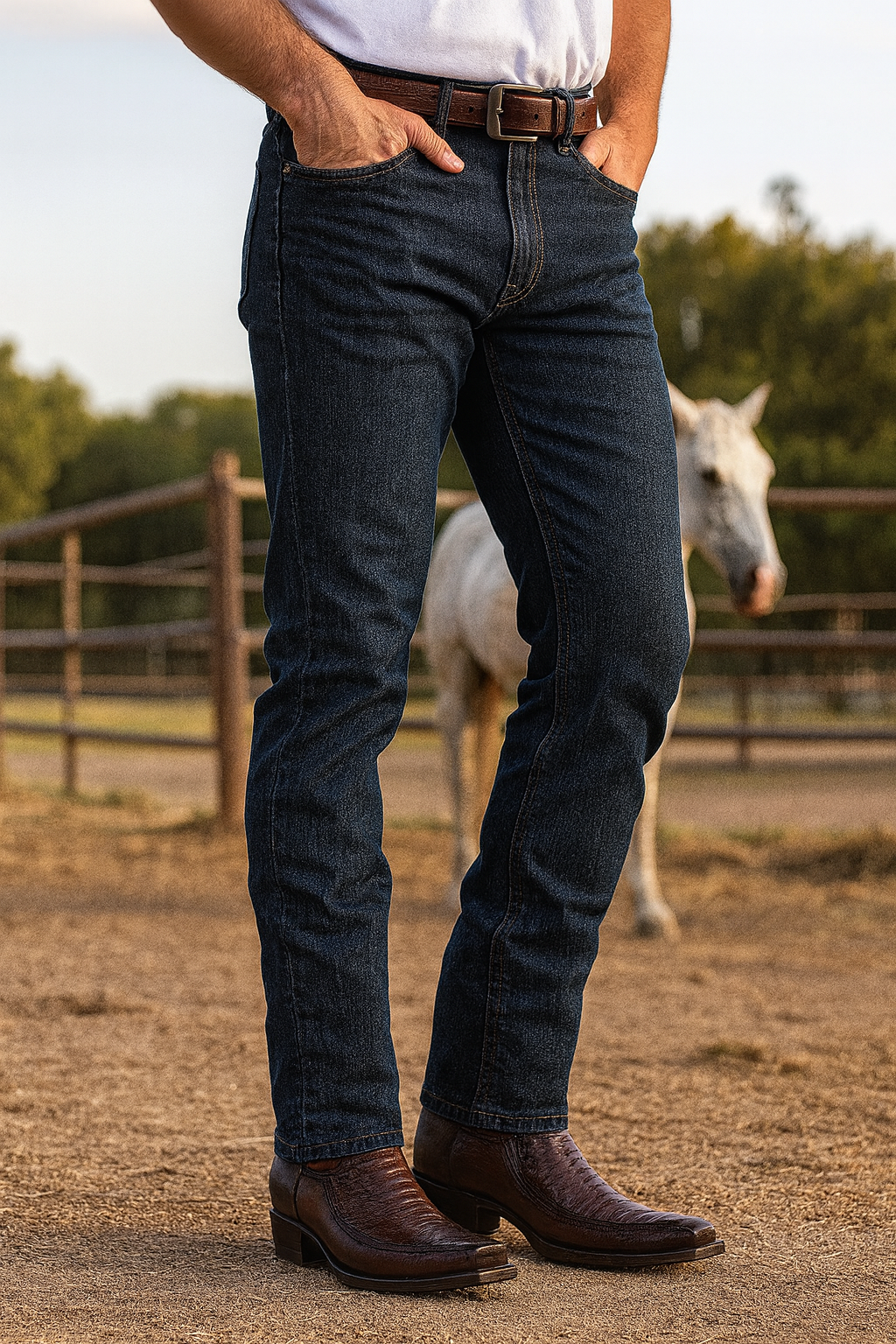 Hombre usando botas de pata de avestruz en un rancho estilo vaquero.